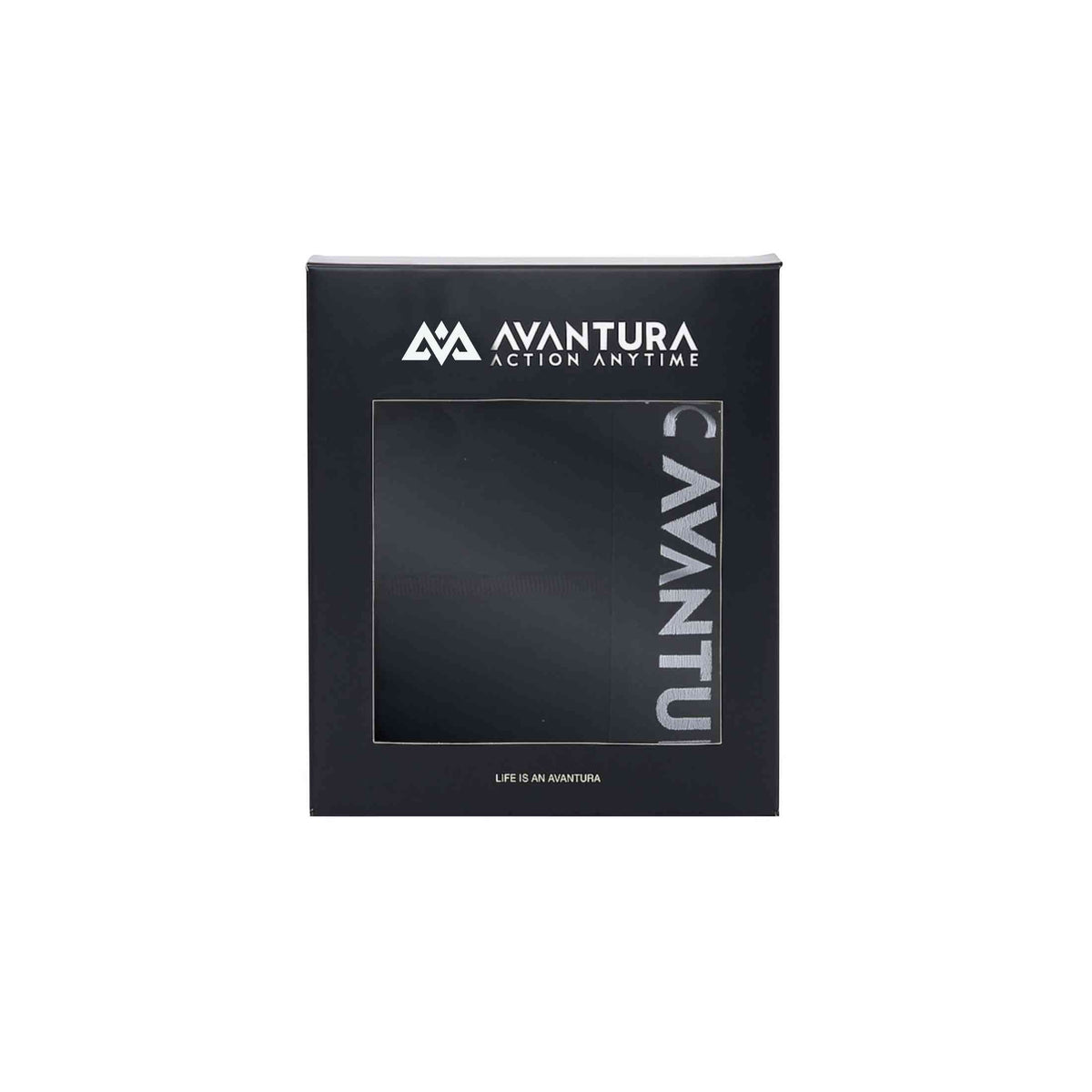 Black AVANTURA product packaging for ACTION ANYTIME boxer shorts