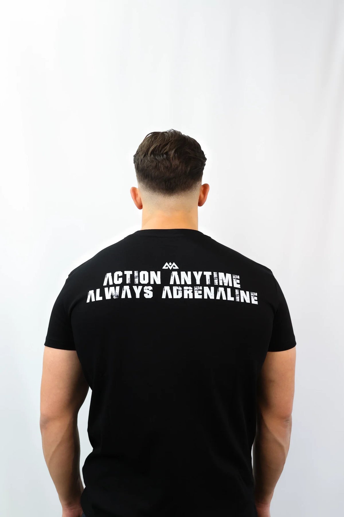 Black Always Adrenaline T-shirt with large white Action Anytime back print