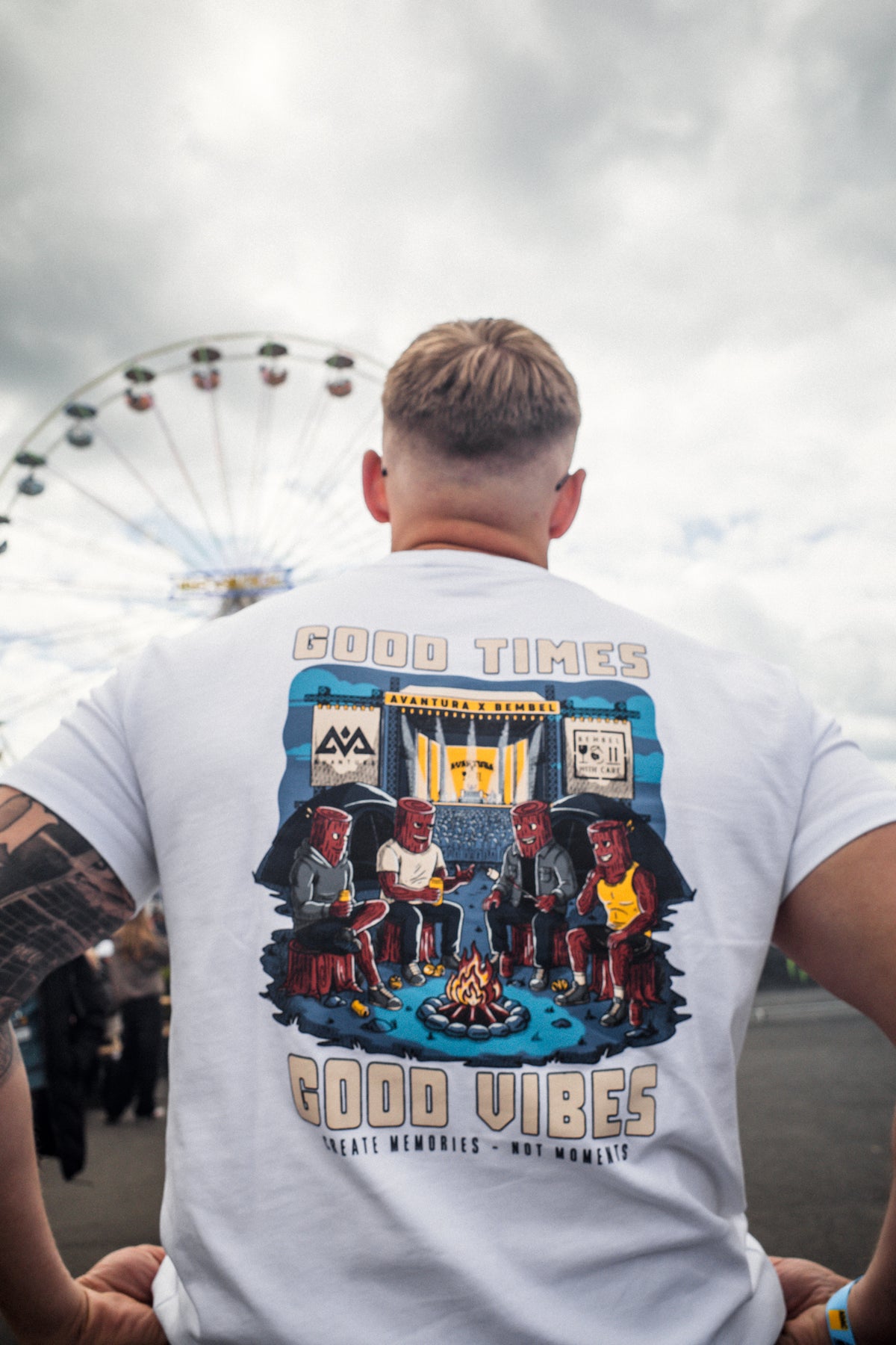Full back view of white Avantura t-shirt with 'Good Times' print