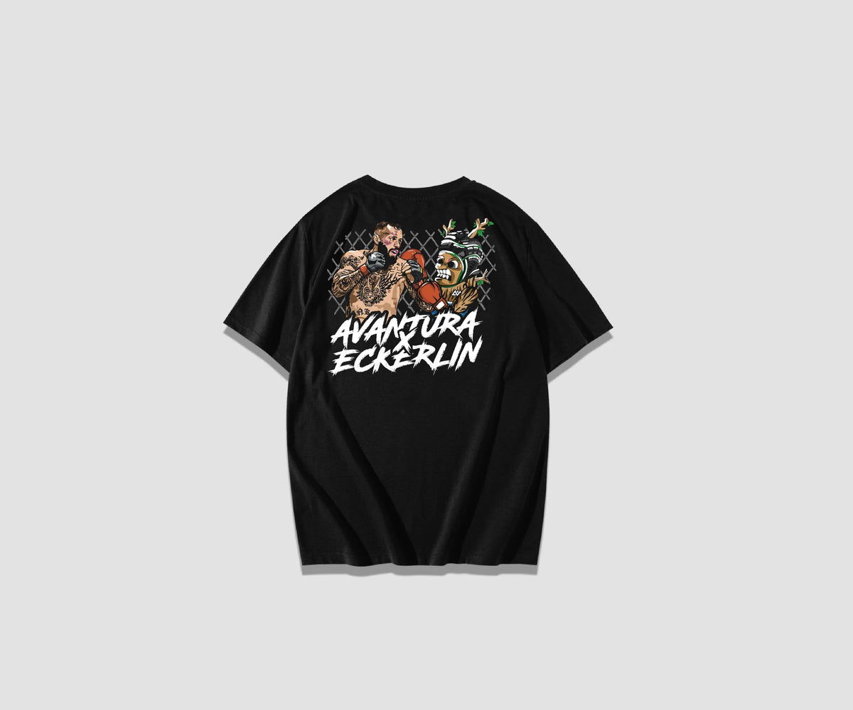 Schwarzes T-Shirt mit großem Boxer-Backprint und AVANTURA ECKERLIN Schriftzug