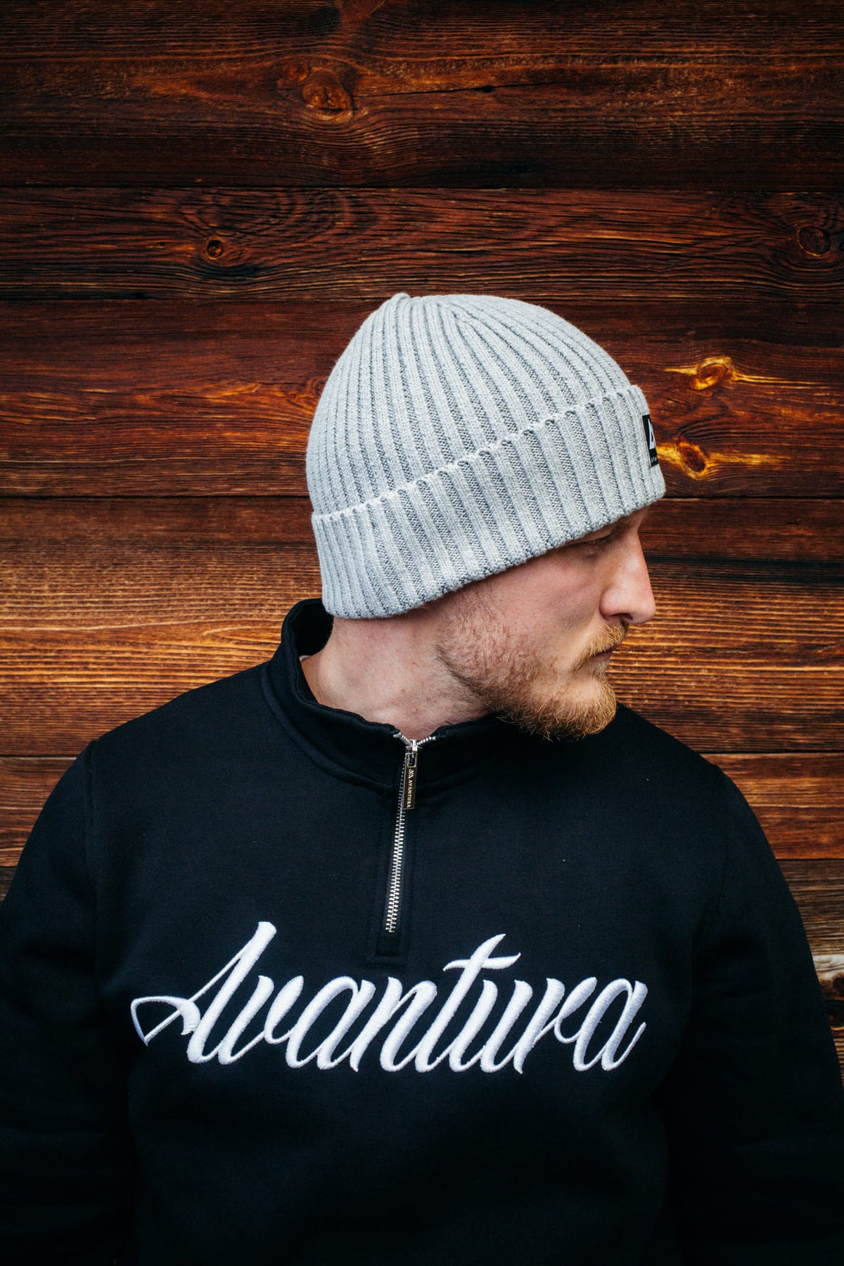 Light gray beanie with folded cuff and patch