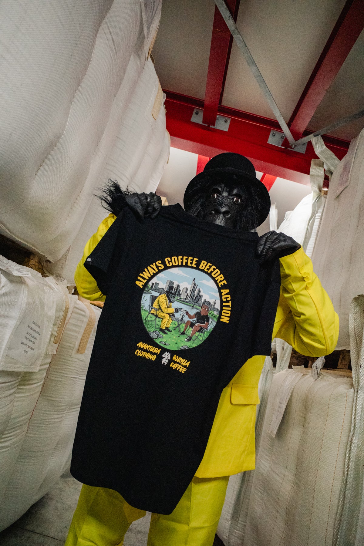 Black Avantura Gorilla T-shirt back print showing gorilla and coffee graphic with yellow text