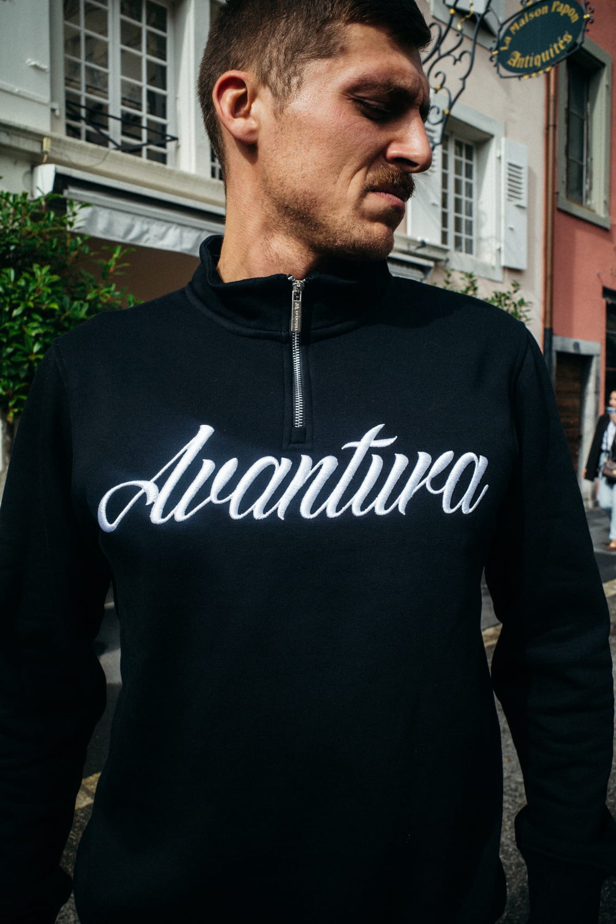 Black Avantura Halfzip sweatshirt with white chest logo