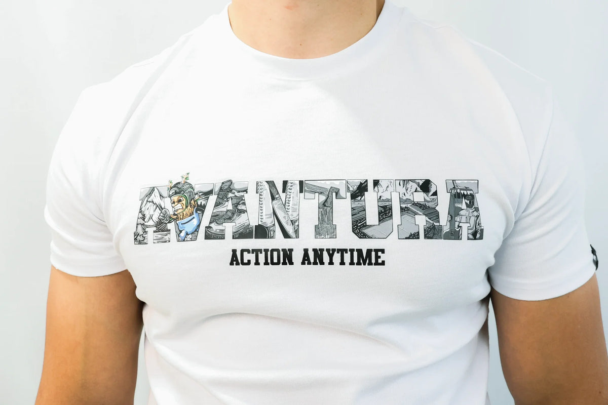 White Avantura T-shirt with outdoor gear graphic print and sleeve label