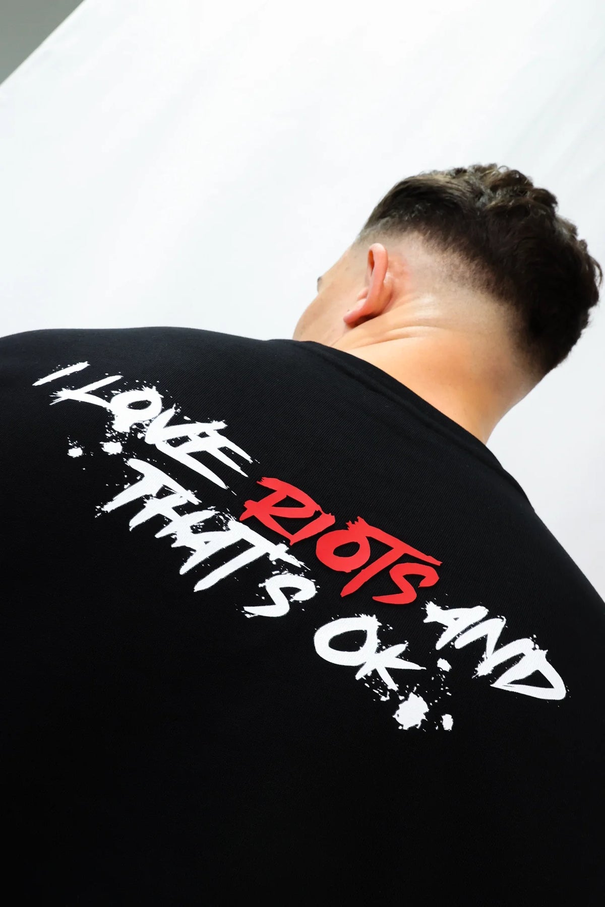 Black I LOVE RIOTS t-shirt with large distressed back print in white and red