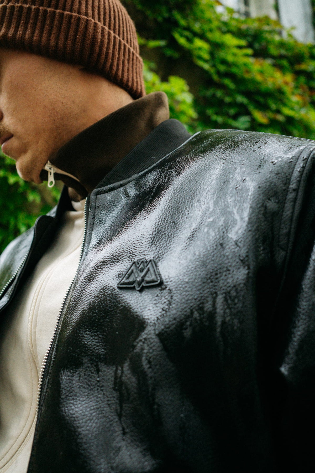 Detail shot of shoulder area and water-repellent surface