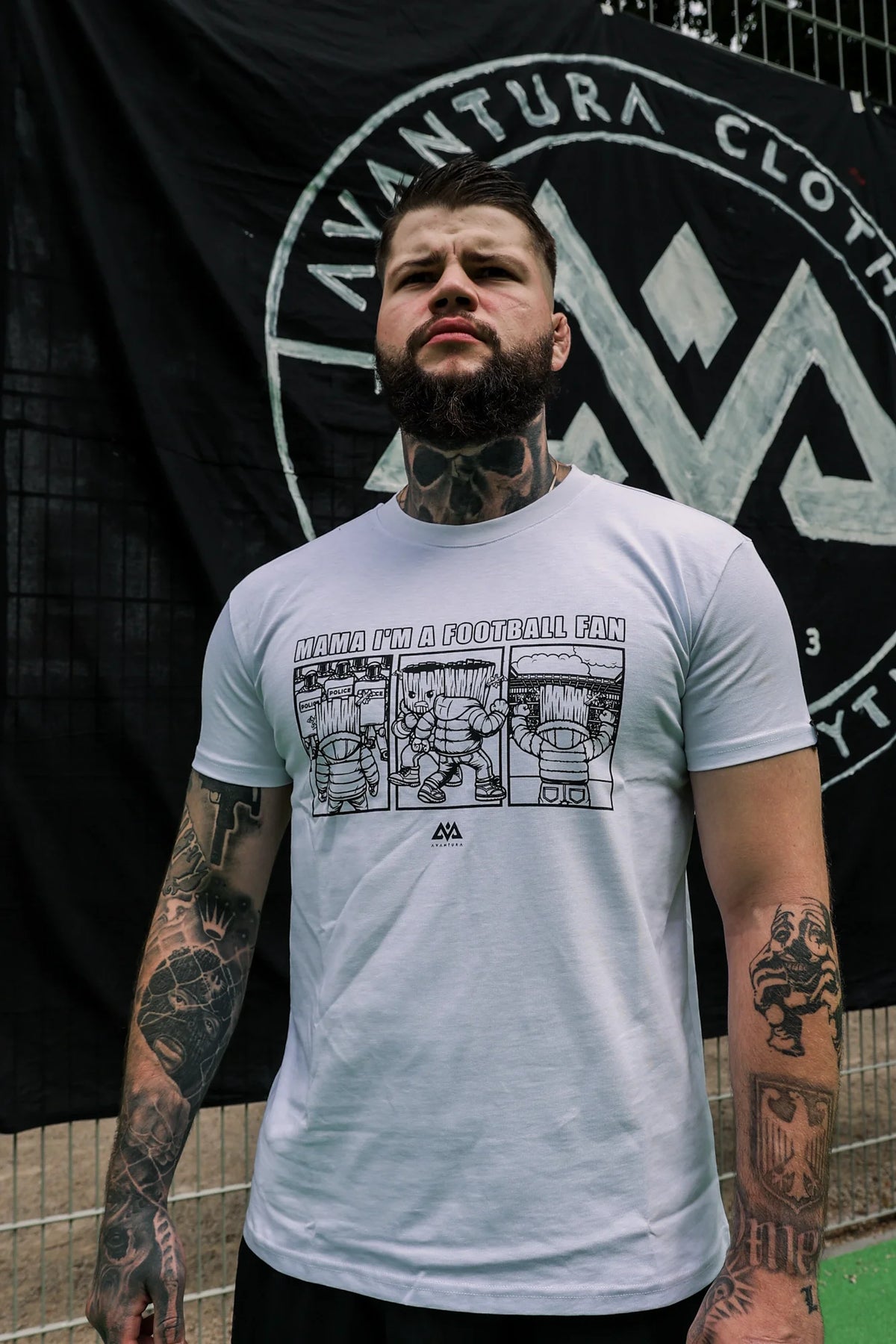 Front view white T-shirt with slim fit and large chest print for football fans