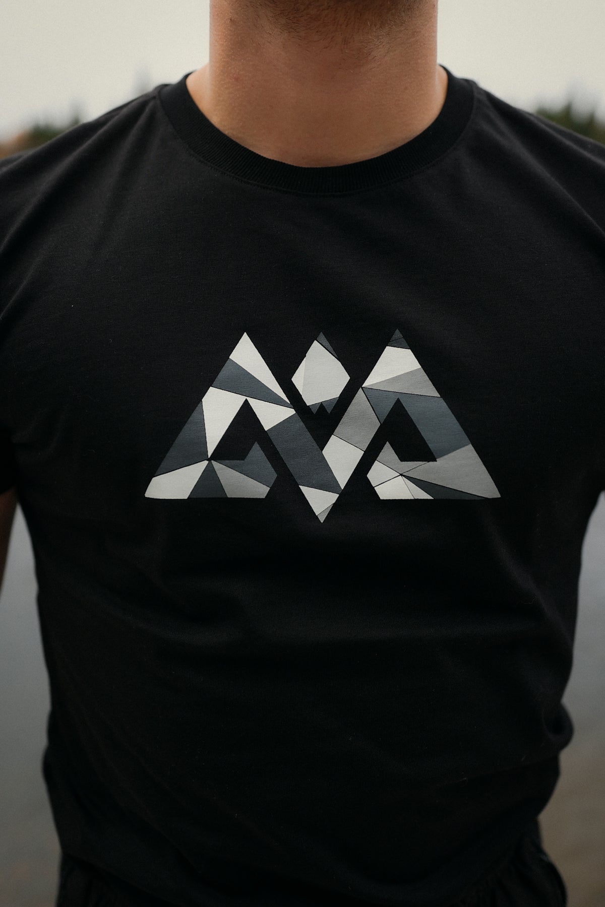 Detail of MOSAIK Black T-Shirt, multicolor triangle print in white and gray