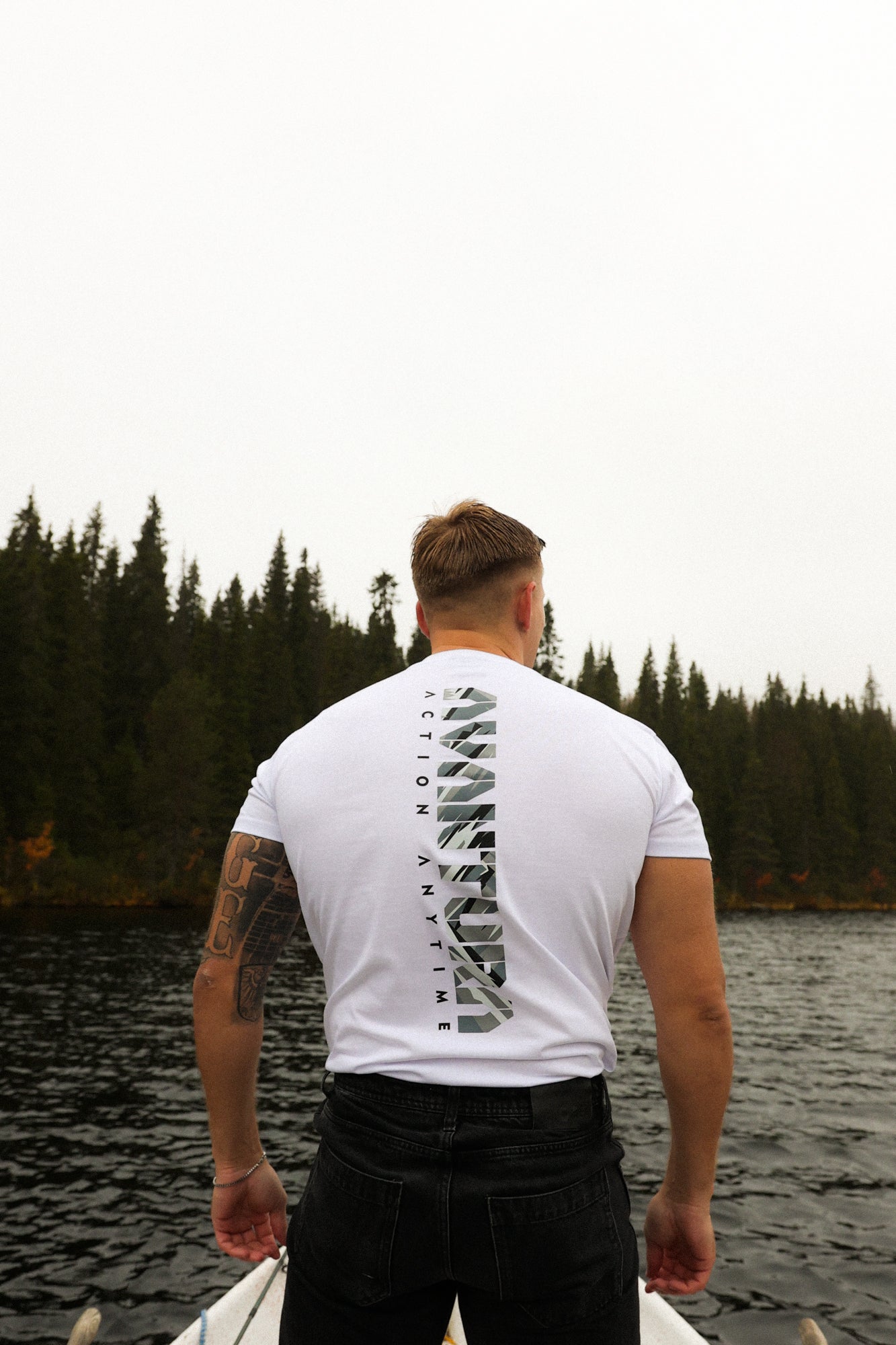 White Avantura T-shirt back print with Action Anytime graphic