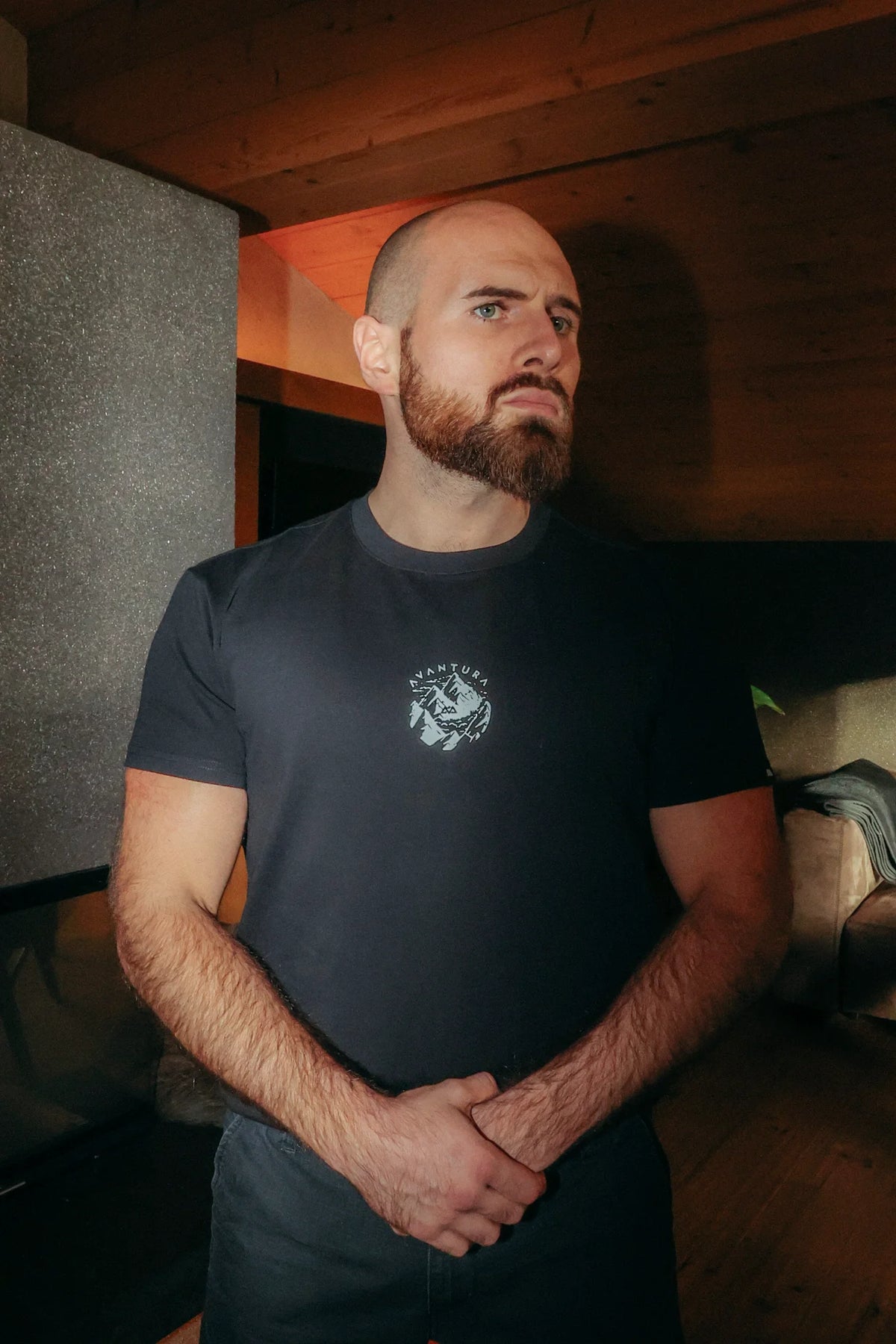 Black crew neck T-shirt with small front logo print
