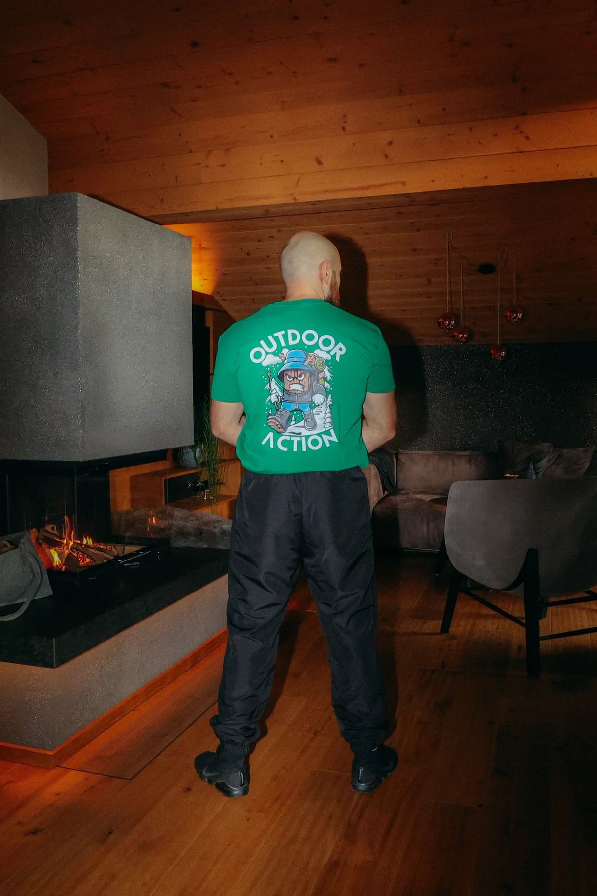 Back view of the green T-shirt with large back print