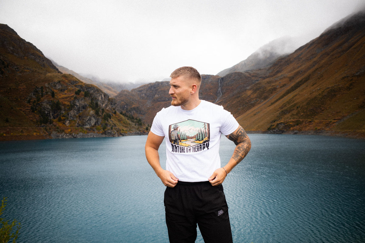 Front view of the white T-shirt with large graphic print