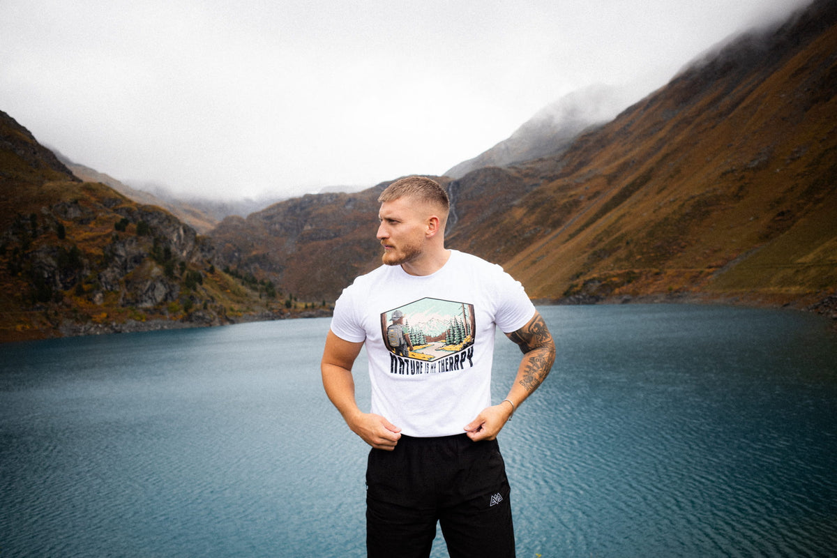 White T-shirt with nature print and 'Nature Is My Therapy' text