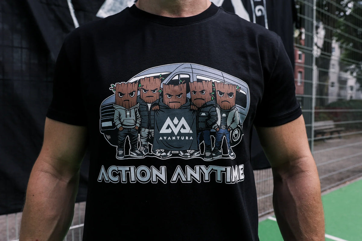 Close-up of black T-shirt showing vibrant cartoon character print