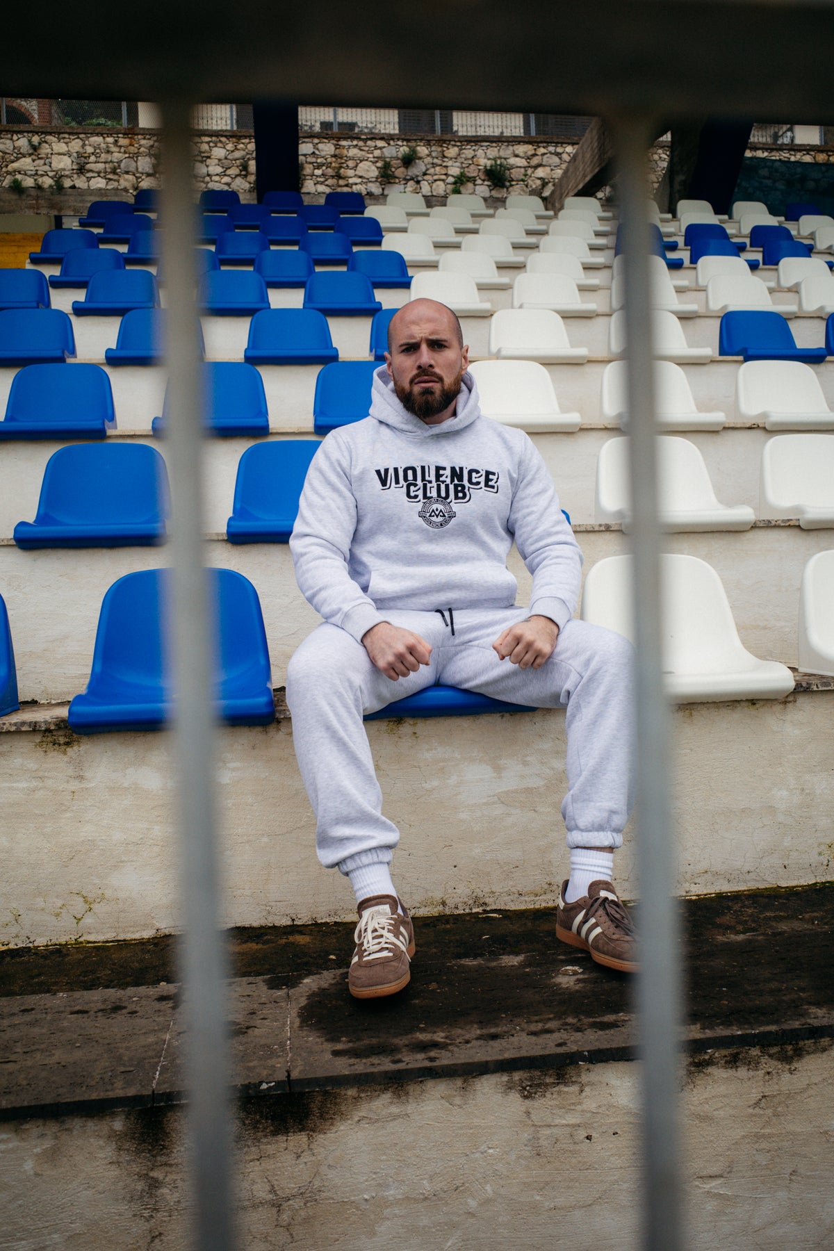 Light grey heathered Violence Jogger Bundle hoodie and joggers with embroidered logo