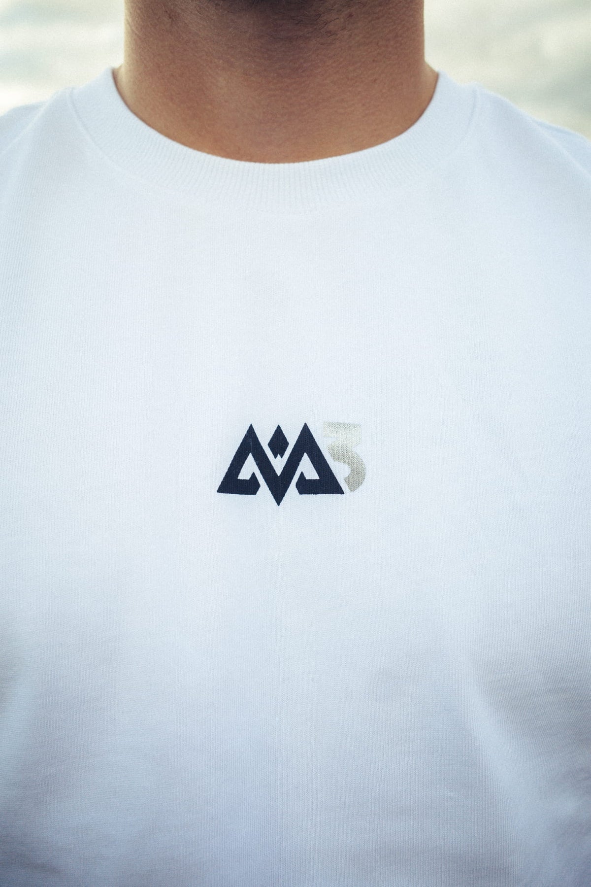 Detail Rundhalsausschnitt weißes T-Shirt mit blau-silbernem Dreieckslogo