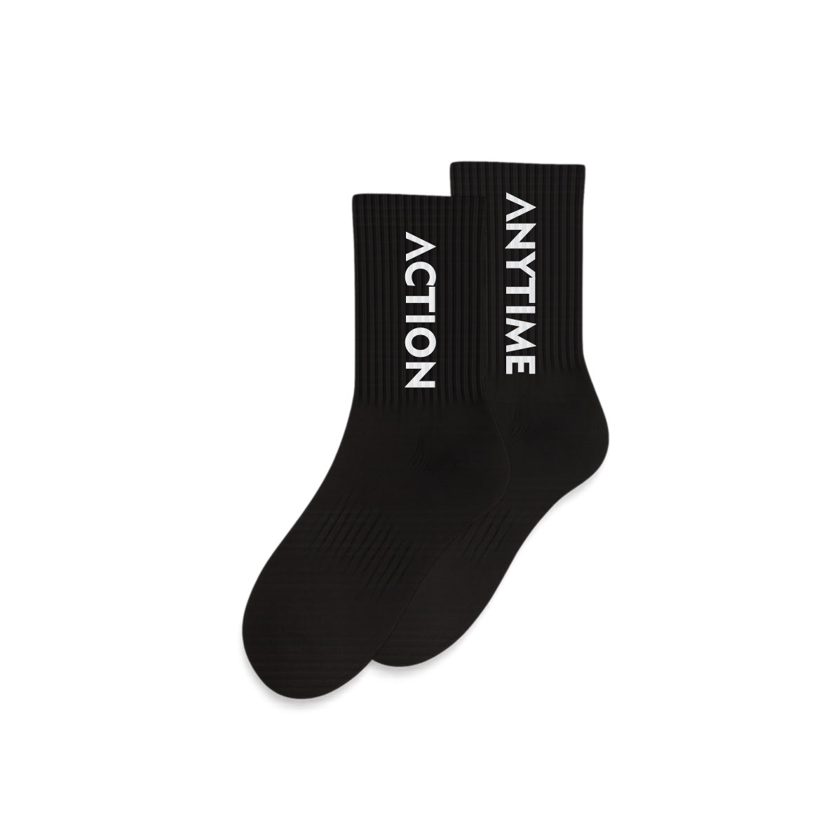Black crew socks with 'ACTION' and 'ANYTIME' woven text, ribbed cuff