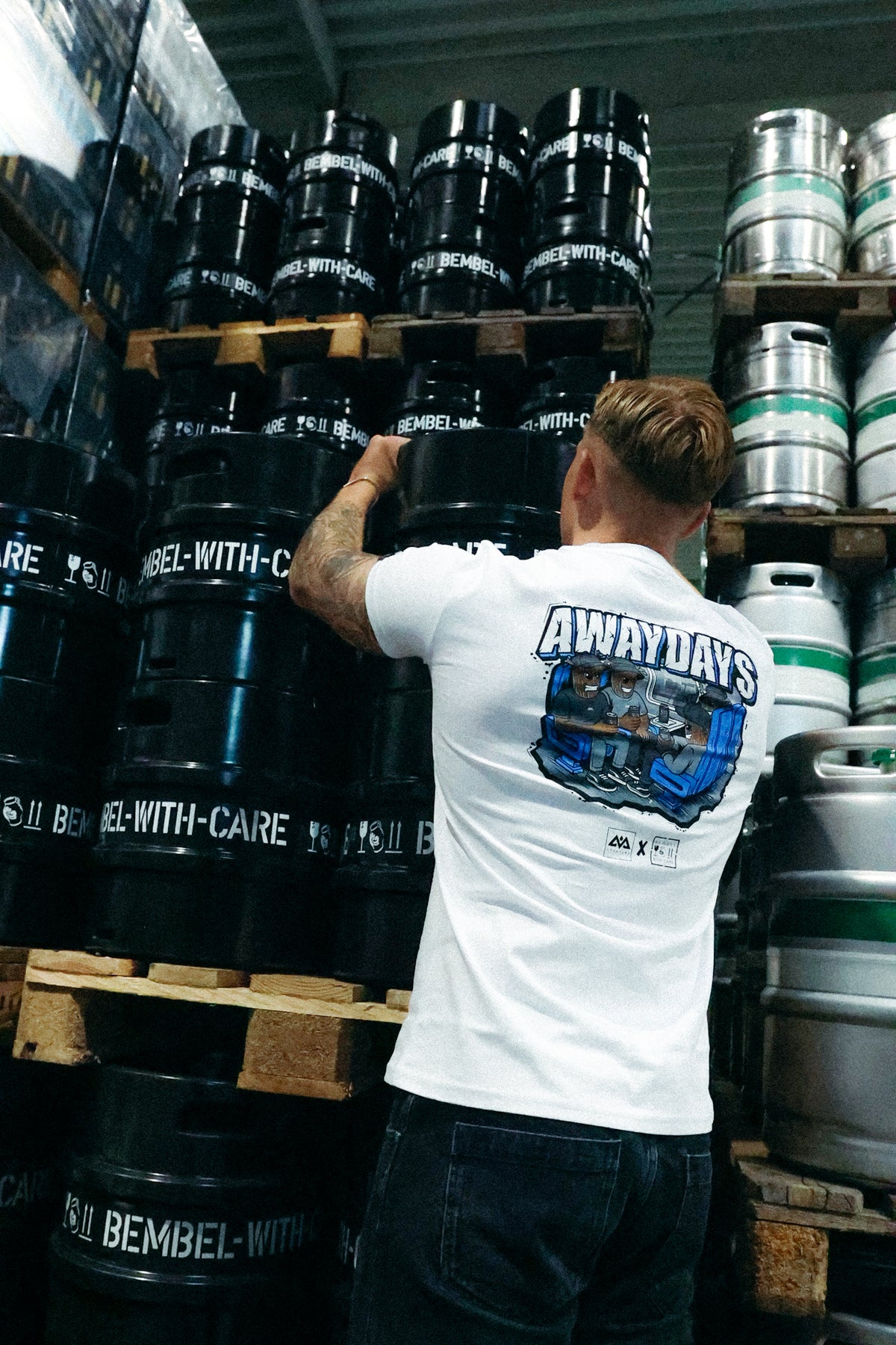 White T-shirt back print lifestyle shot with kegs