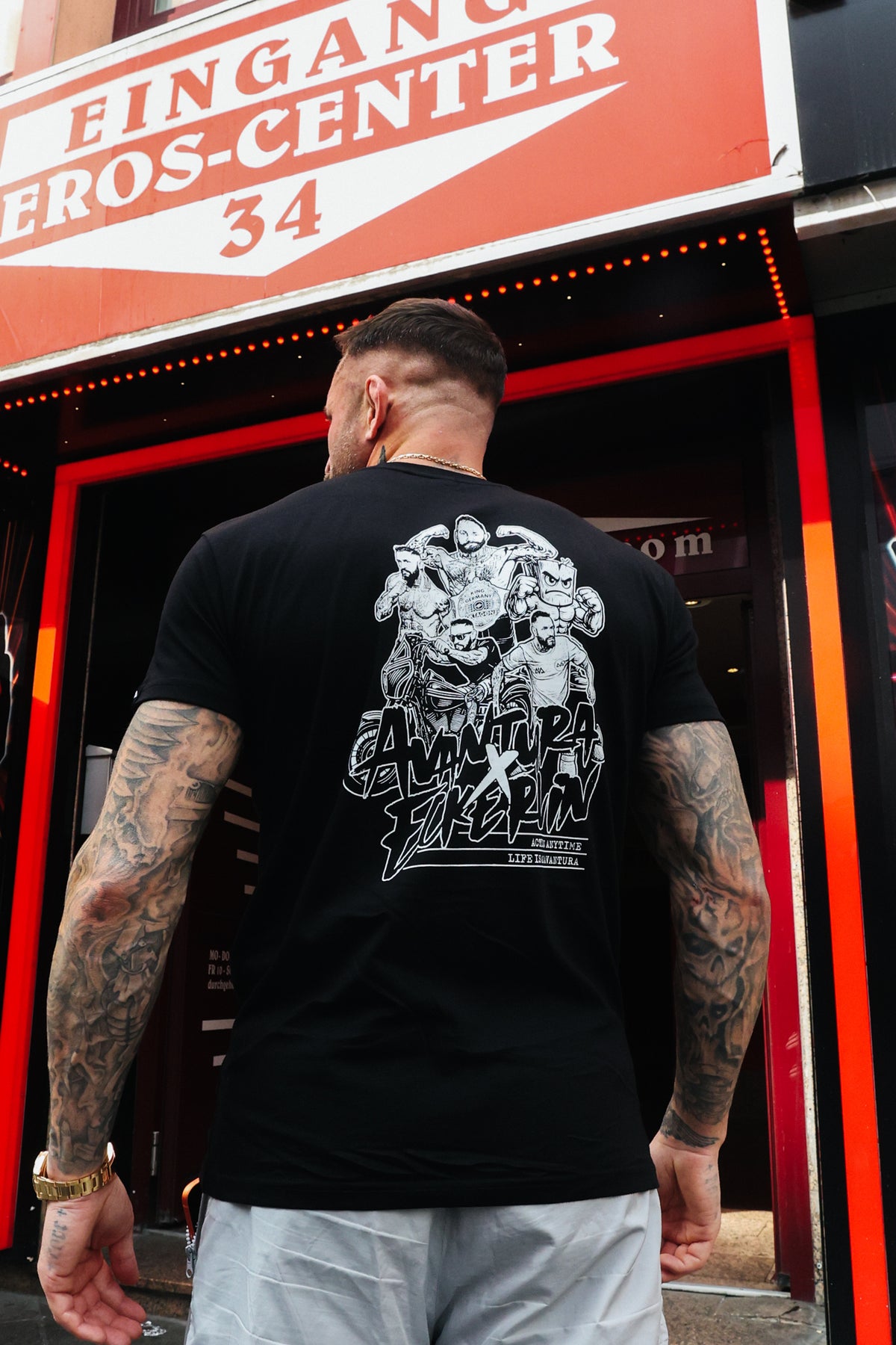 Avantura black t-shirt backprint featuring AVANTURA X ECKERLIN graphic and text