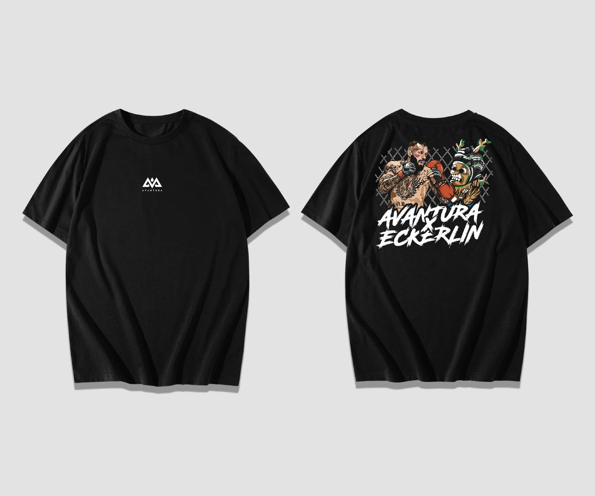 Vorder- und Rückseite schwarzes T-Shirt mit Brustlogo und Backprint