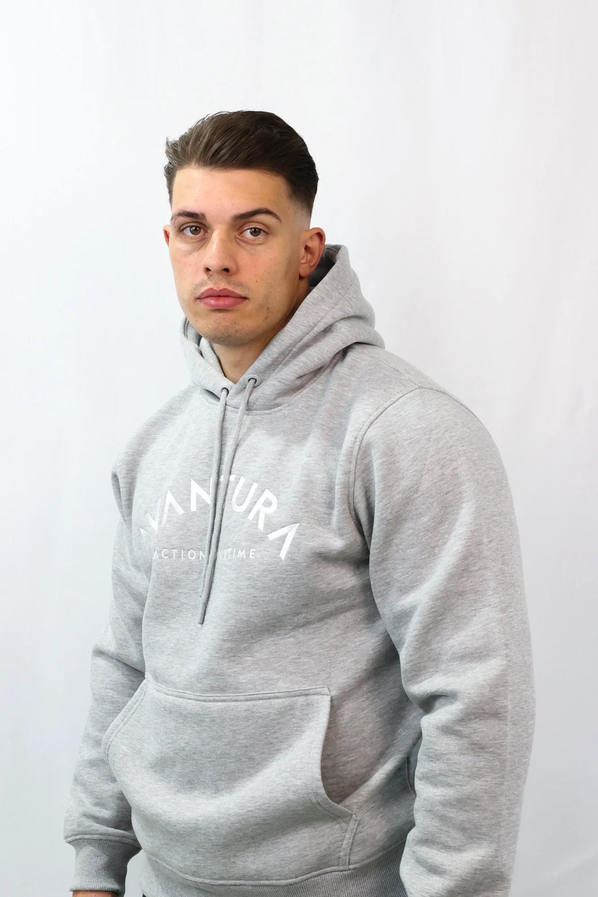 Heather grey men's hoodie featuring 'Avantura' chest print