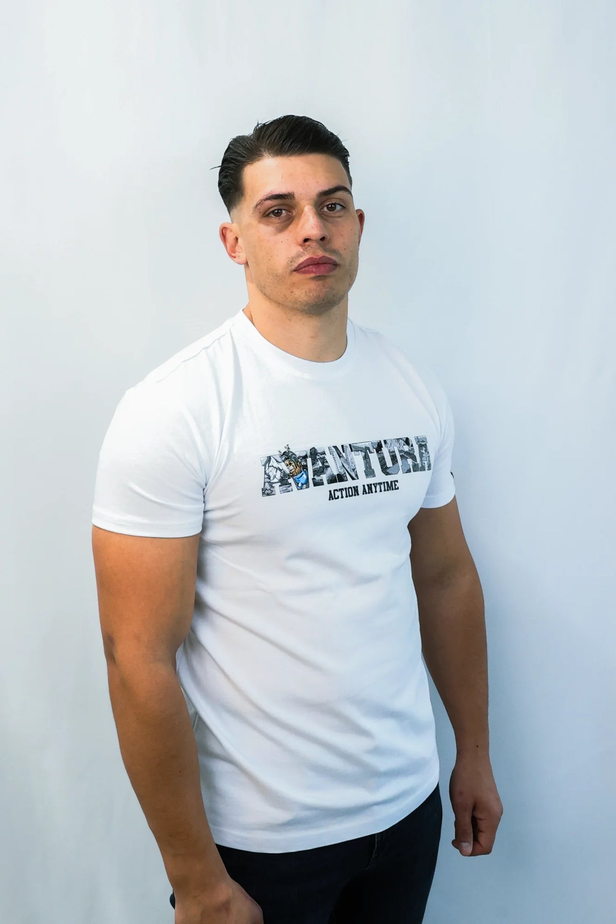 Front view of white T-shirt with 'AVANTURA' text and 'ACTION ANYTIME' slogan