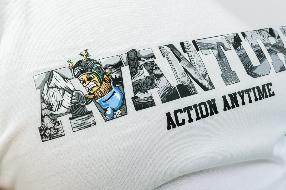 Close-up of white cotton T-shirt chest graphic featuring Viking and hiking illustrations