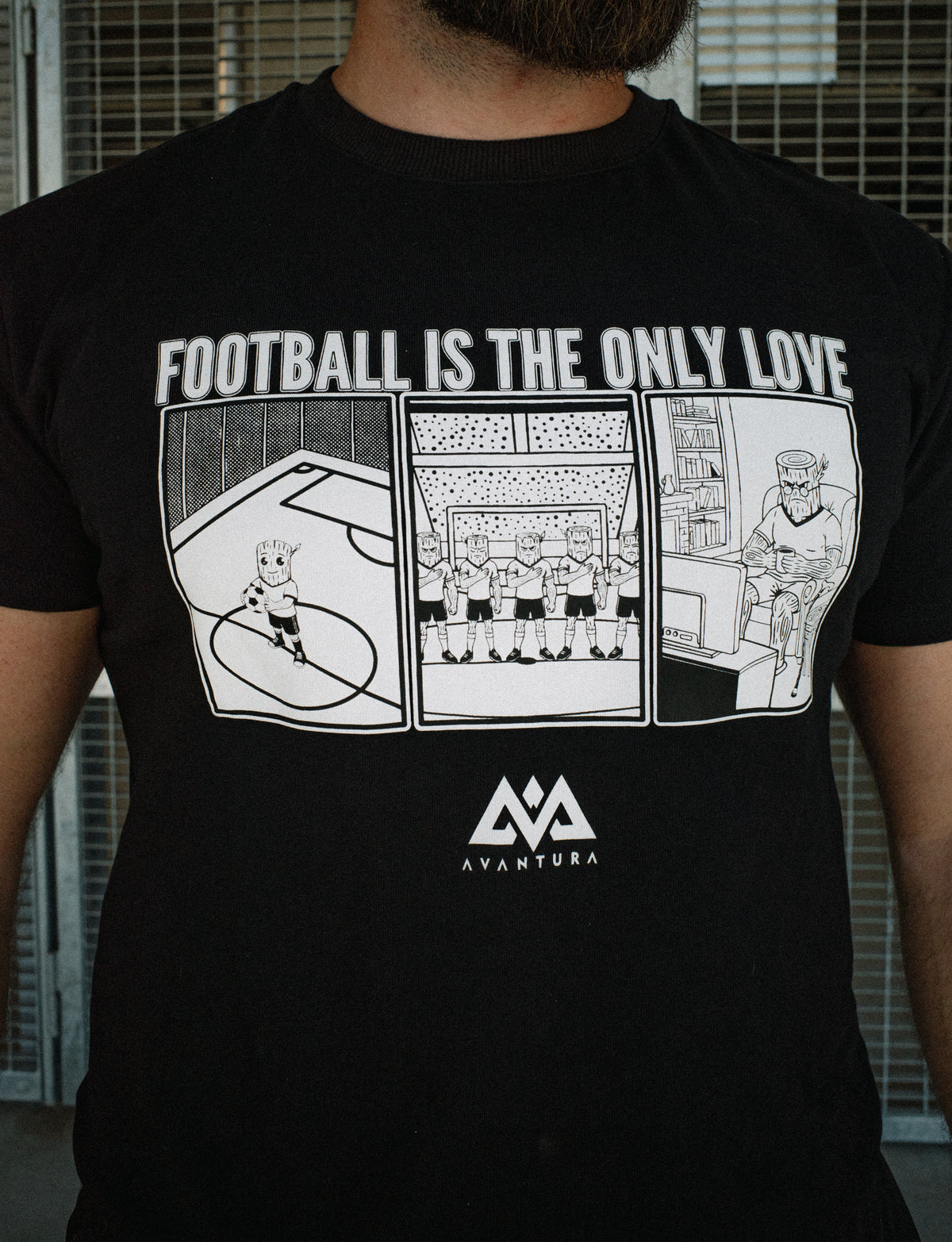 Close-up of black T-shirt comic panel chest graphic design