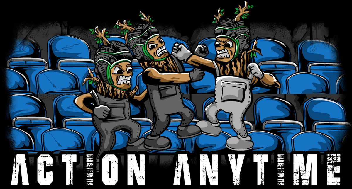 Avantura black t-shirt with Action Anytime cartoon graphic print