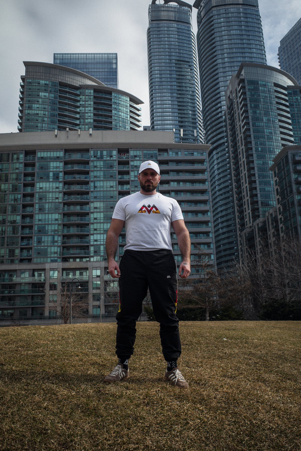 White MOSAIK T-shirt styled with black joggers