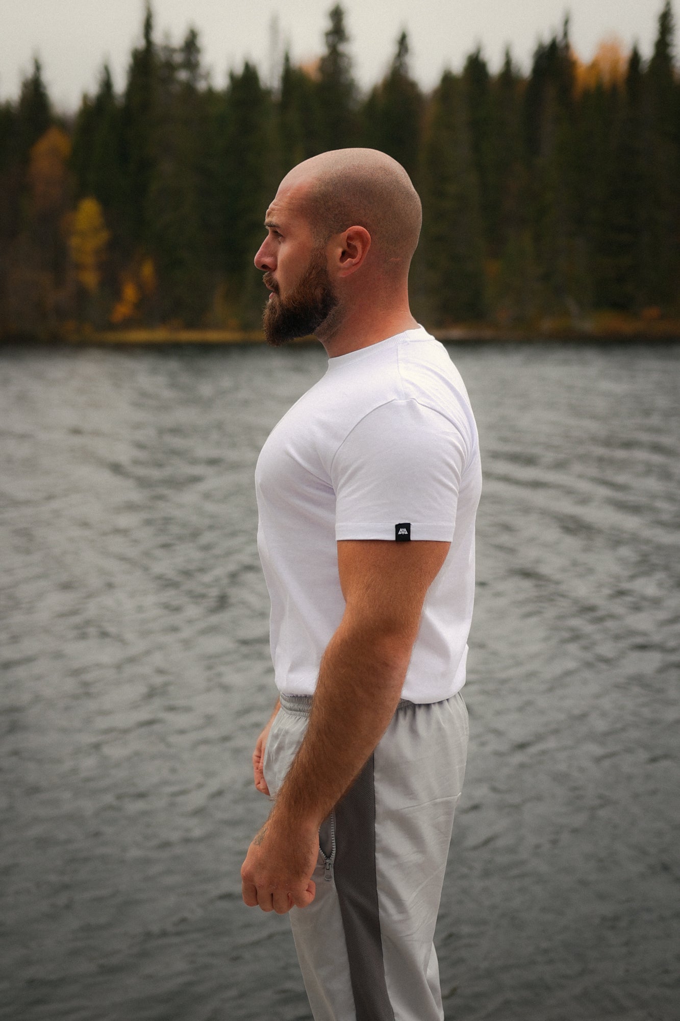 White t-shirt sleeve woven label close-up
