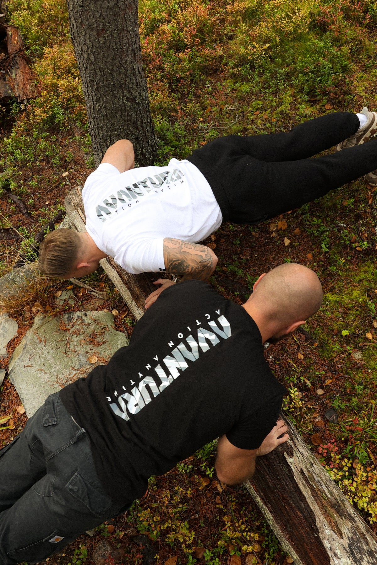 Black and white Avantura T-shirts worn during outdoor workout