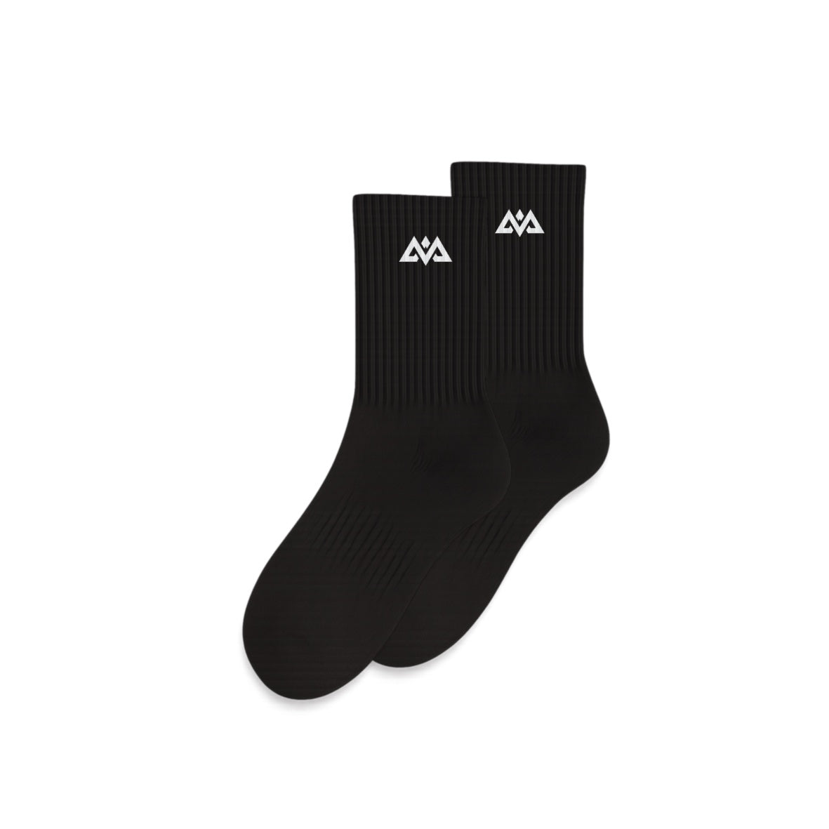 Black crew socks with small embroidered logo, ribbed cuff, and smooth knit texture