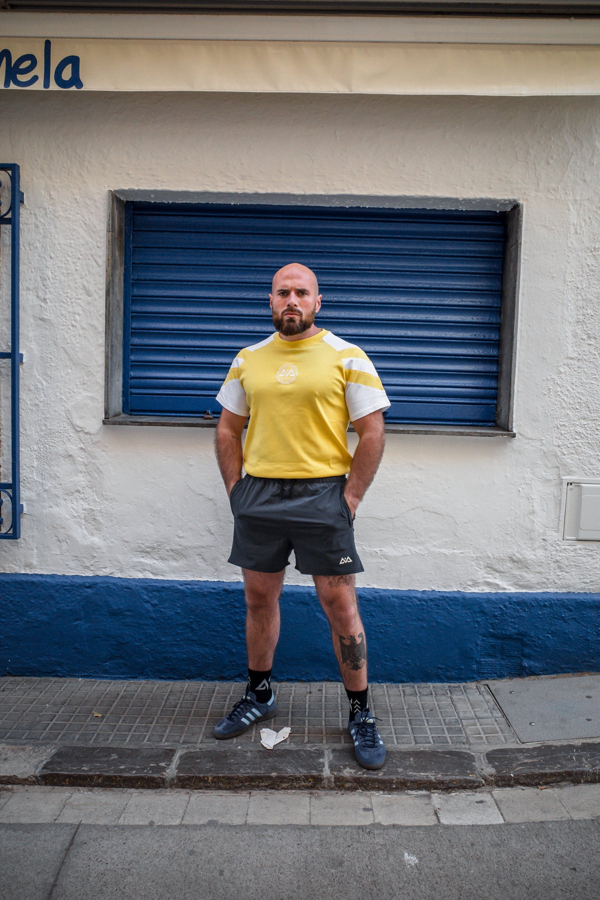 Yellow striped t-shirt full body fit shot