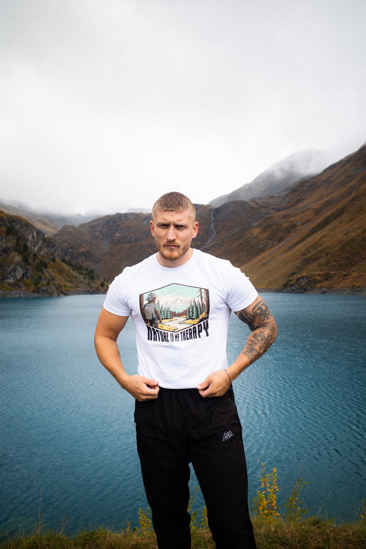 White T-shirt with large front print and mountain motif