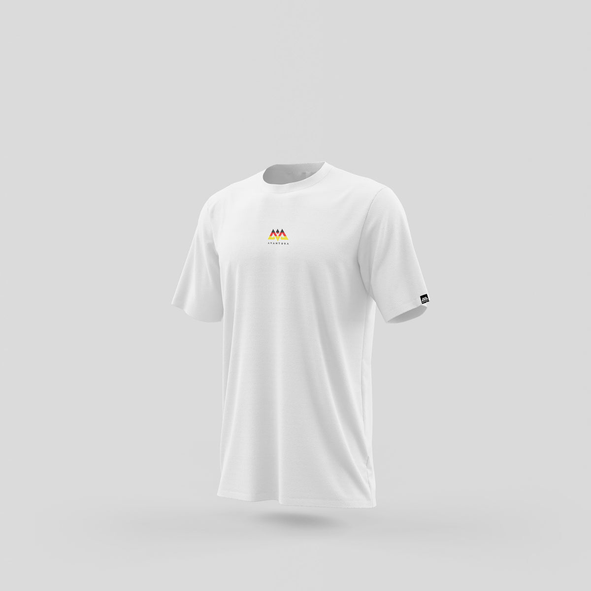 White Avantura T-shirt showing small mountain logo on chest and woven sleeve label