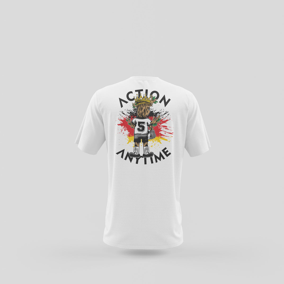 White Kaiser T-shirt with large tree trunk graphic and Action Anytime back print