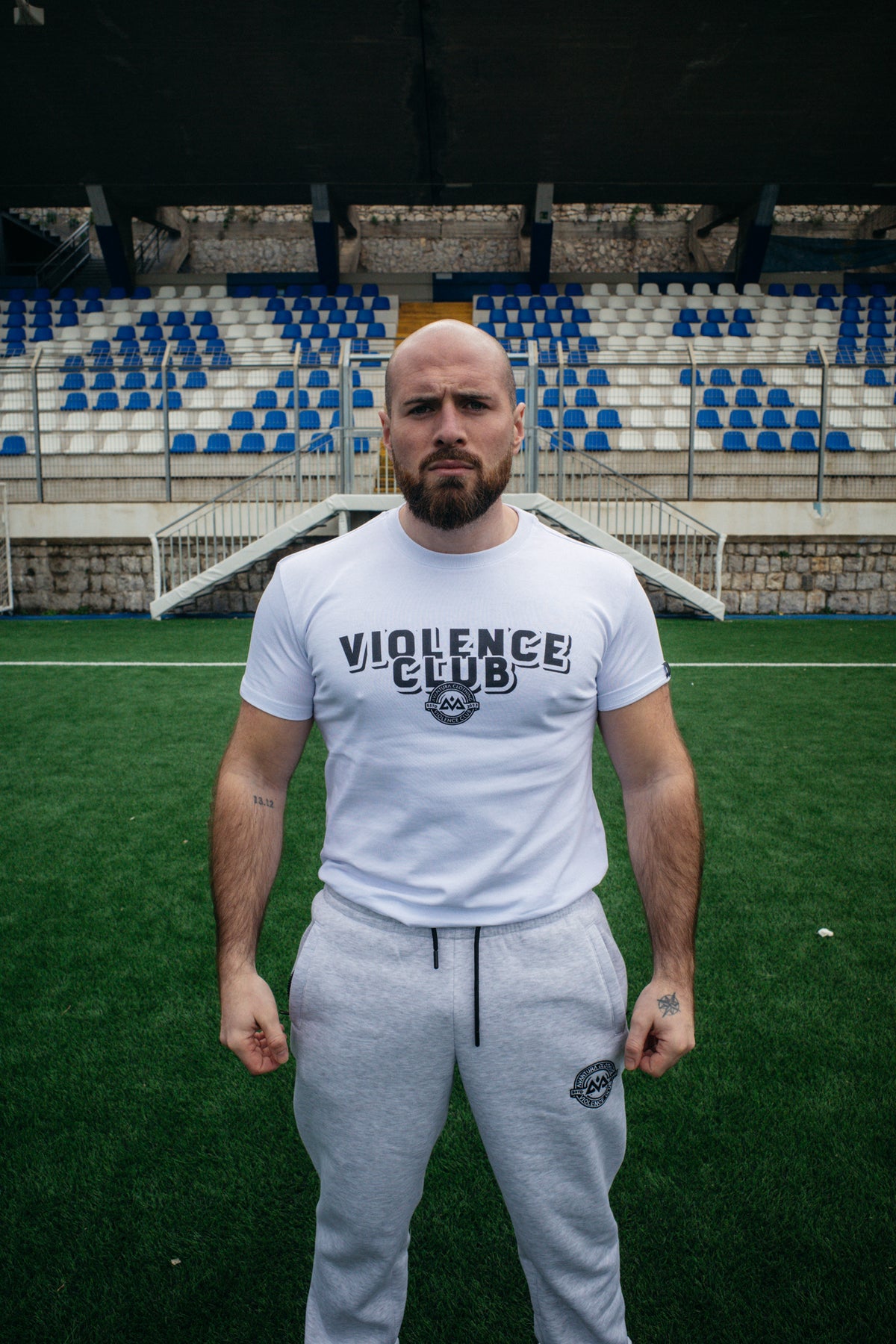 Avantura white crewneck T-shirt featuring centered Violence Club logo print
